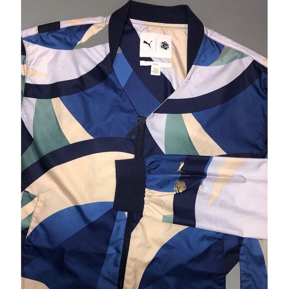 Puma X Careaux Women's L  Windbreaker Jacket High-Low Abstract Floral Print Blue - Picture 1 of 14